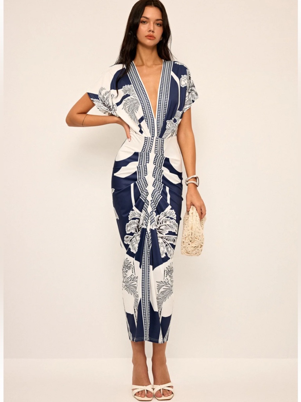 Commense Navy & White Tropical Midi Dress with V-Neck